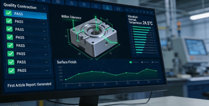 A close-up view of a digital quality control dashboard displaying a 3D part model, real-time sensor data, and QA status reports, enabling remote monitoring of CNC machining quality. 