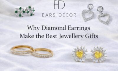 Luxury earrings, jewellery gifts banner featuring floral studs, heart drop earrings, gold hoops, and yellow diamond earrings on a satin background