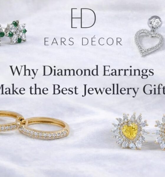 Luxury earrings, jewellery gifts banner featuring floral studs, heart drop earrings, gold hoops, and yellow diamond earrings on a satin background
