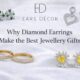 Luxury earrings, jewellery gifts banner featuring floral studs, heart drop earrings, gold hoops, and yellow diamond earrings on a satin background