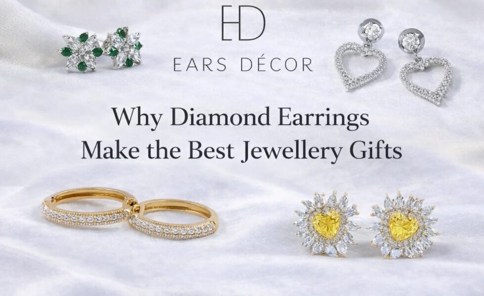 Luxury earrings, jewellery gifts banner featuring floral studs, heart drop earrings, gold hoops, and yellow diamond earrings on a satin background