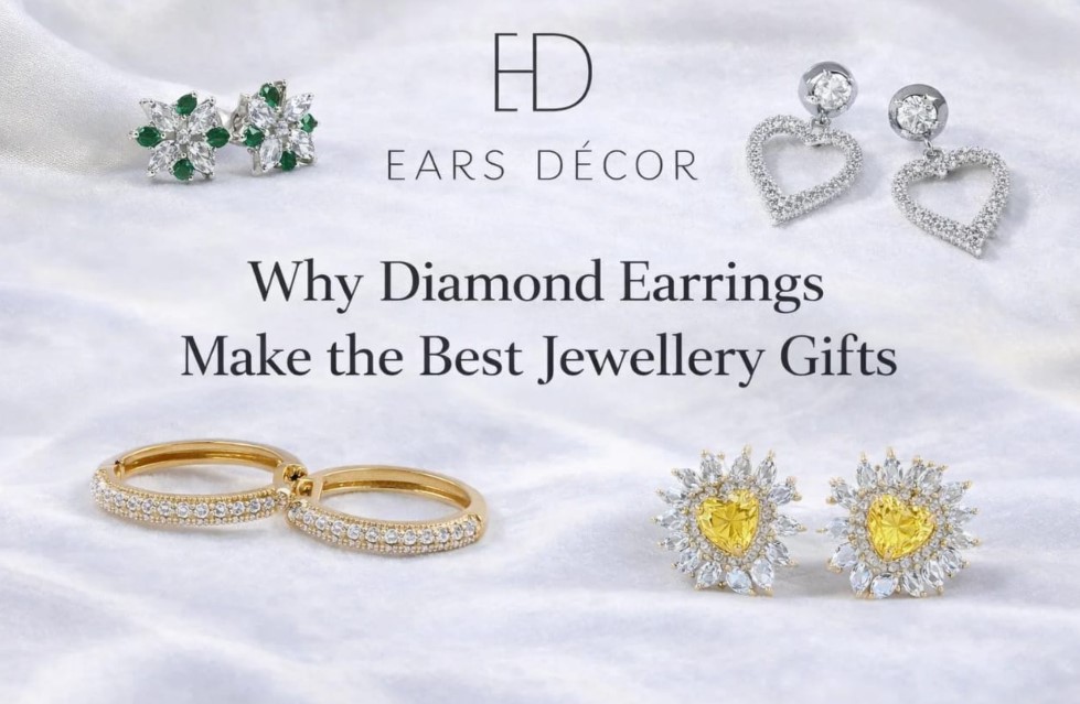 Luxury earrings, jewellery gifts banner featuring floral studs, heart drop earrings, gold hoops, and yellow diamond earrings on a satin background