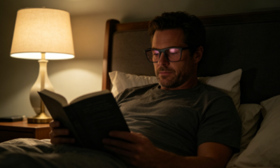 A male migraine patient, after relieving his symptoms, is quietly reading a book in bed, wearing a pair of Rose Relief™️ Wayfarer Pink Migra