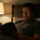 A male migraine patient, after relieving his symptoms, is quietly reading a book in bed, wearing a pair of Rose Relief™️ Wayfarer Pink Migra