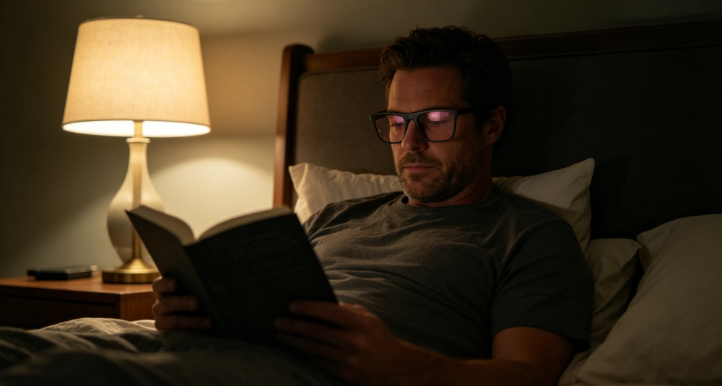 A male migraine patient, after relieving his symptoms, is quietly reading a book in bed, wearing a pair of Rose Relief™️ Wayfarer Pink Migra