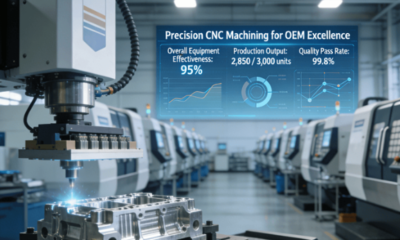 Modern automated CNC machining workshop for high-volume OEM parts production, showing a precision aluminum component being machined on a 5-axis CNC center with robotic arm, alongside a real-time production data dashboard displaying high OEE and yield metrics