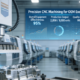 Modern automated CNC machining workshop for high-volume OEM parts production, showing a precision aluminum component being machined on a 5-axis CNC center with robotic arm, alongside a real-time production data dashboard displaying high OEE and yield metrics
