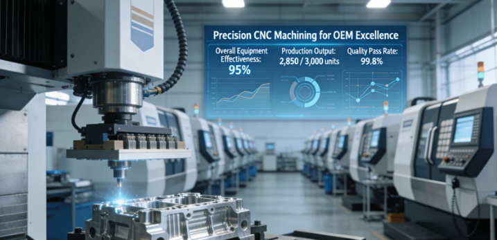 Modern automated CNC machining workshop for high-volume OEM parts production, showing a precision aluminum component being machined on a 5-axis CNC center with robotic arm, alongside a real-time production data dashboard displaying high OEE and yield metrics