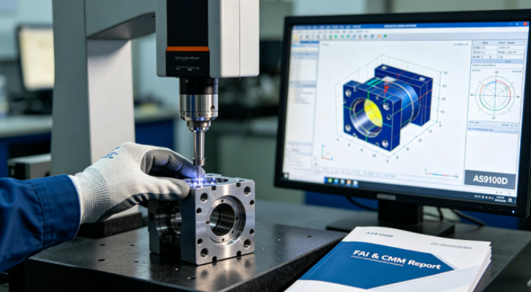 Close-up, realistic shot in a quality lab, showing an engineer's gloved hand using a CMM probe to inspect a precision milled part, with 3D measurement data and tolerance bands displayed on the screen alongside an AS9100D quality manual, labeled "FAI & CMM Report".