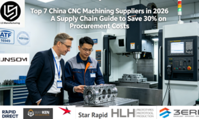 A hyper-realistic photo of a global procurement manager and a Chinese factory engineer collaboratively inspecting a precision aluminum part fresh from a 5-axis CNC machine in a modern workshop with IATF 16949 and AS9100D certification signage, overlaid with the article title.