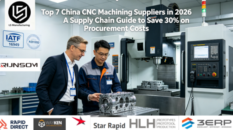A hyper-realistic photo of a global procurement manager and a Chinese factory engineer collaboratively inspecting a precision aluminum part fresh from a 5-axis CNC machine in a modern workshop with IATF 16949 and AS9100D certification signage, overlaid with the article title.