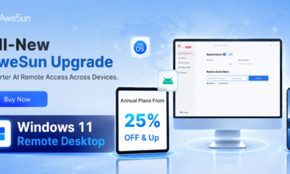 AweSun Remote interface showing Windows 11 remote desktop connection for secure remote access