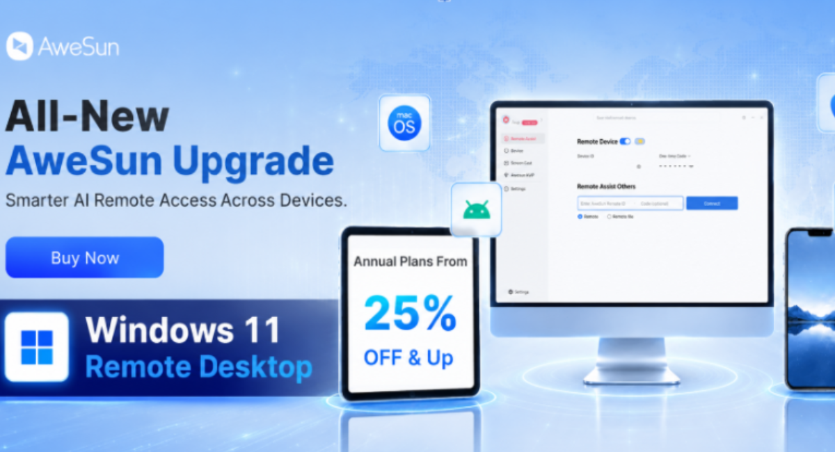 AweSun Remote interface showing Windows 11 remote desktop connection for secure remote access