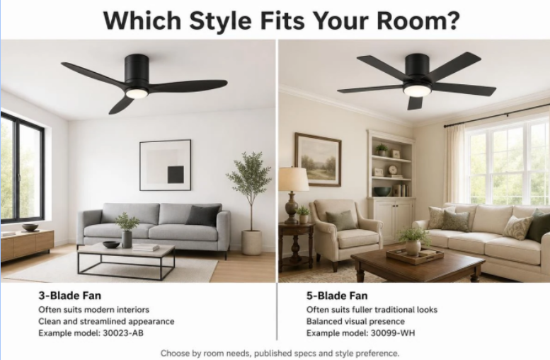 3-blade and 5-blade ceiling fans shown in modern and transitional room styles